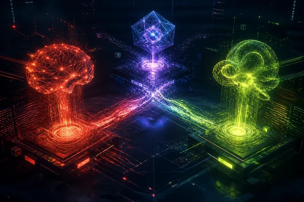 Three abstract AI coding systems competing in a digital workspace