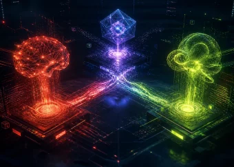 Three abstract AI coding systems competing in a digital workspace